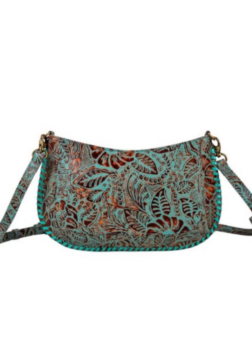 Myra Bag Turquoise & Brown Floral Tooled Leather Crossbody - NWOT